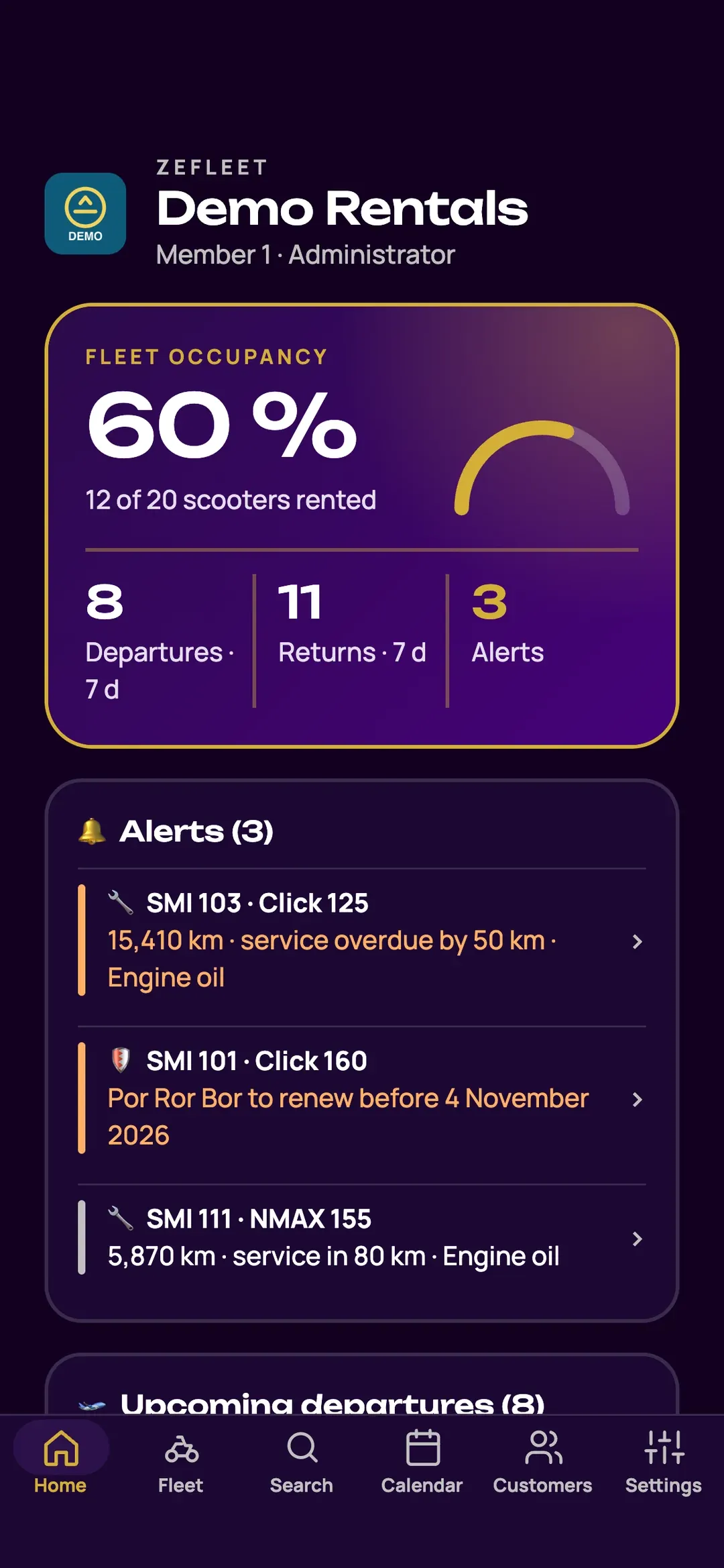 Zefleet app dashboard: fleet occupancy, check-outs, returns and alerts