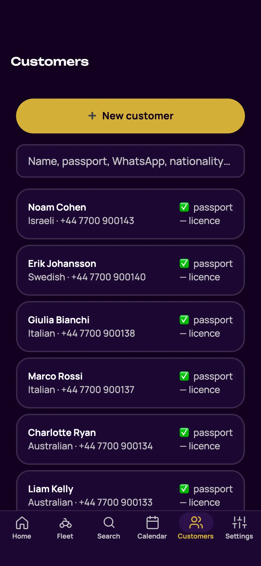Customer list in the Zefleet app, with search