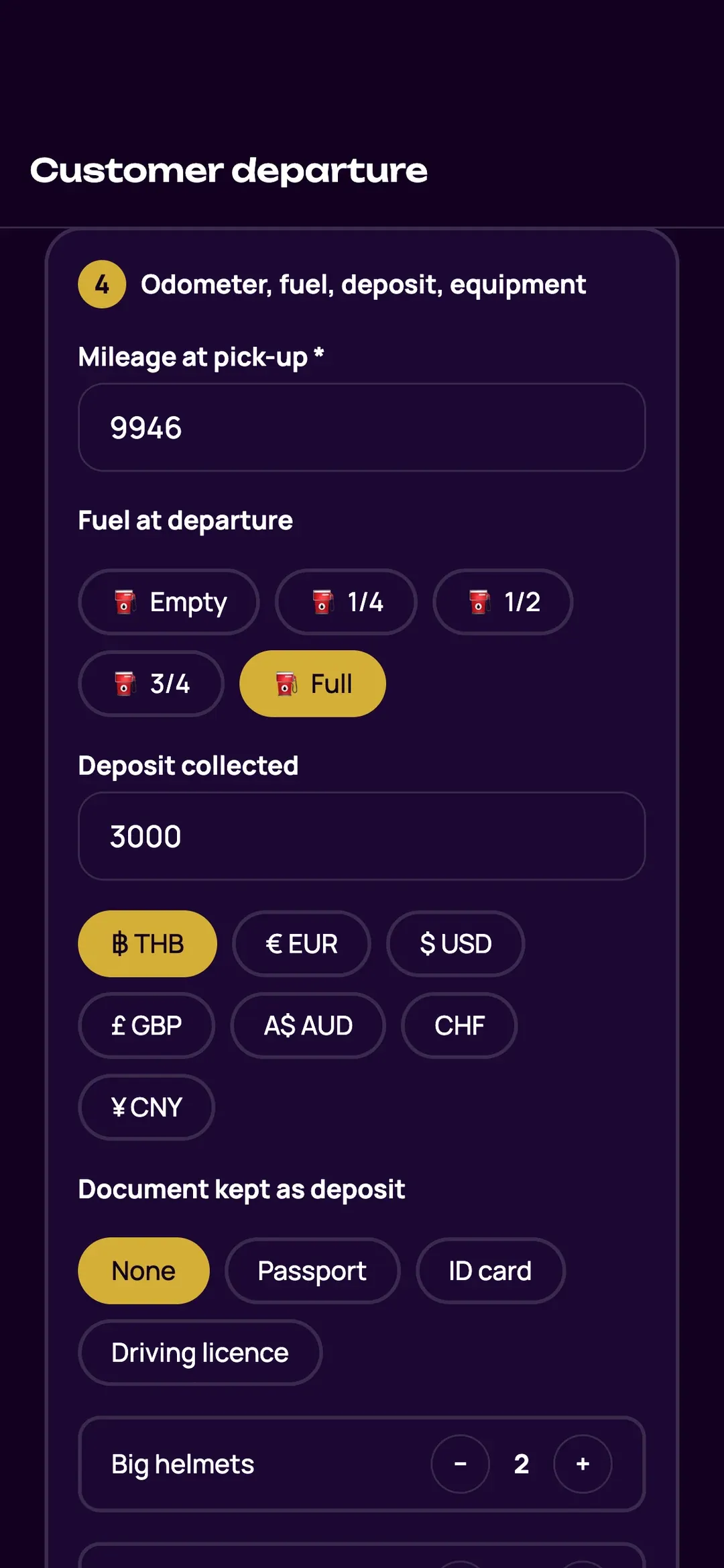 Scooter check-out in the Zefleet app: mileage, fuel and deposit