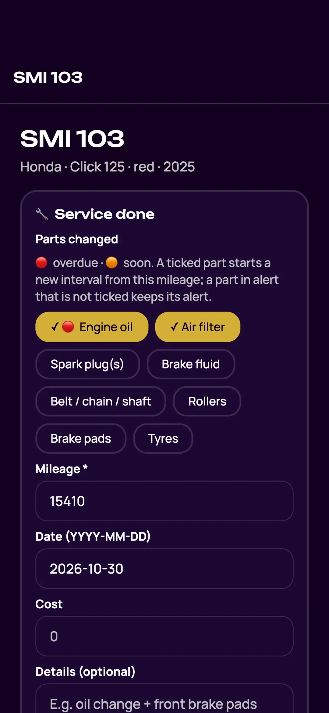 Scooter maintenance plan in the Zefleet app, with the parts to replace