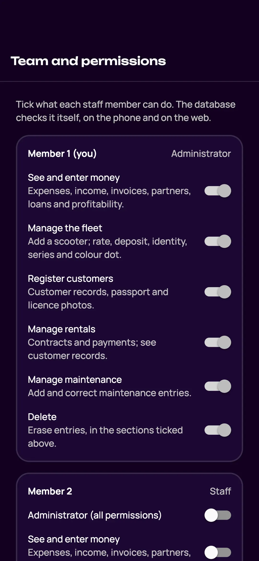 Team members and their permissions in the Zefleet app