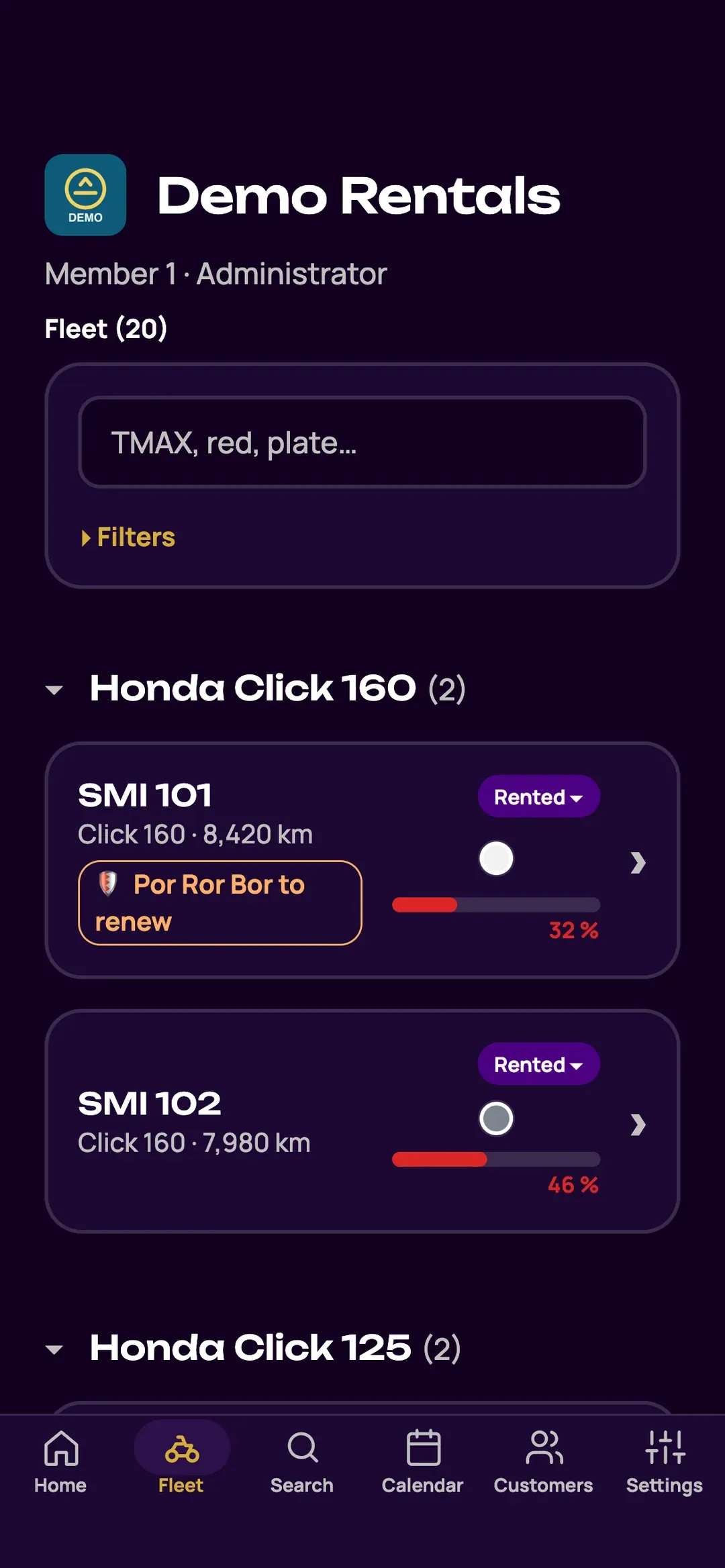 Fleet list in the Zefleet app, with the status of each scooter