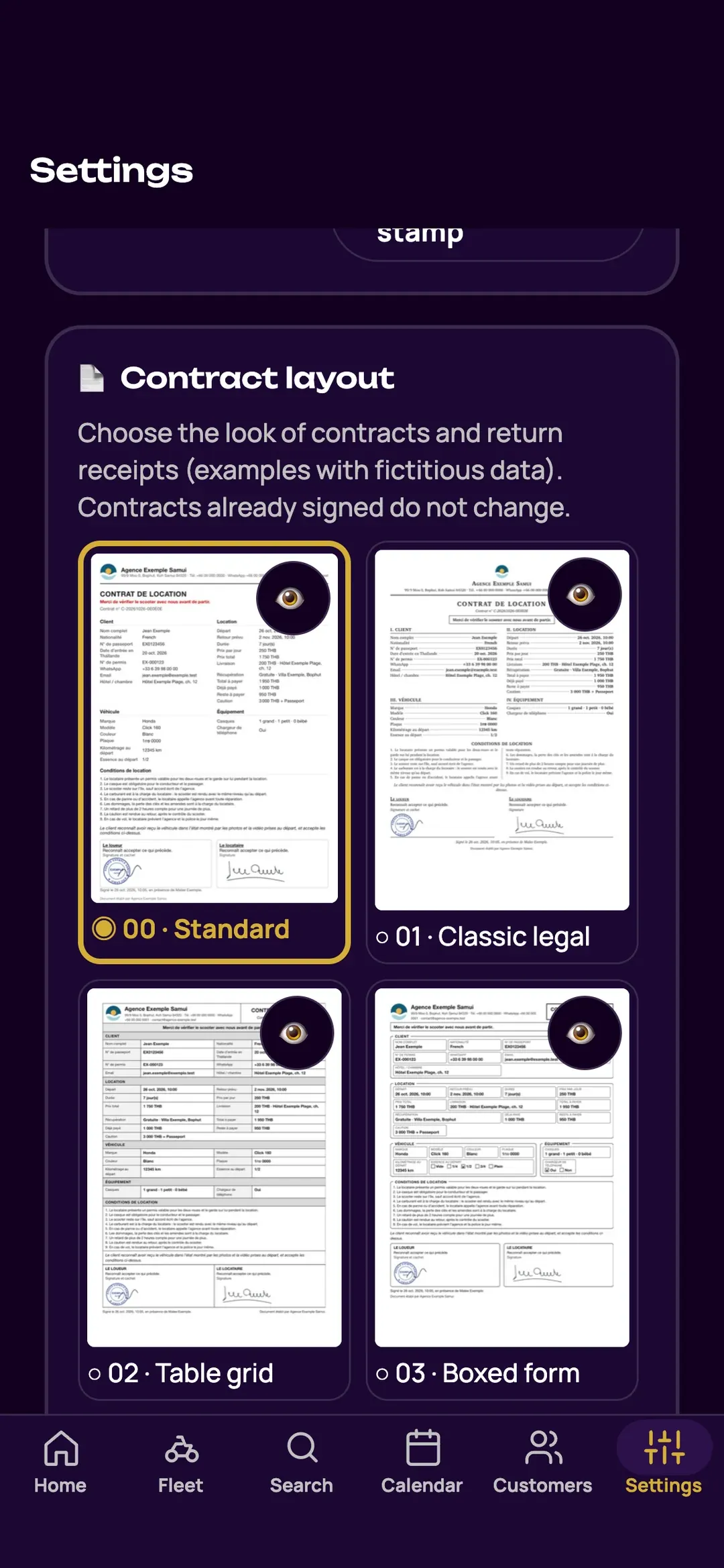 Choosing the agreement layout in the Zefleet app