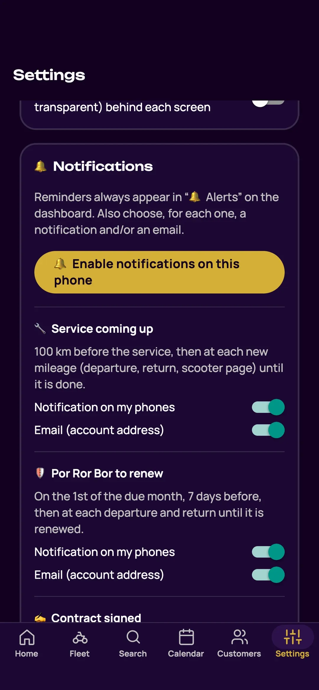 Notification settings in the Zefleet app