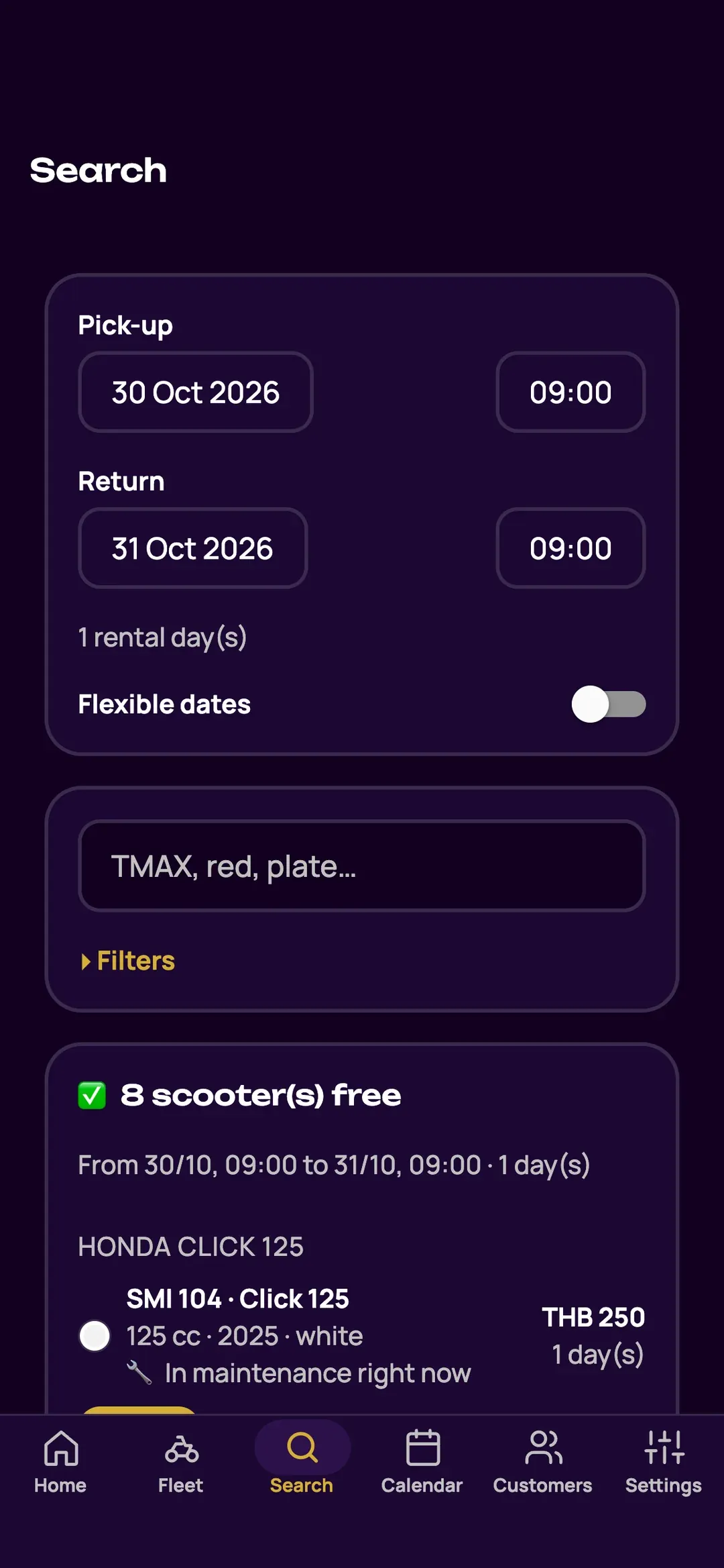 Searching for a free scooter by dates in the Zefleet app, with the results