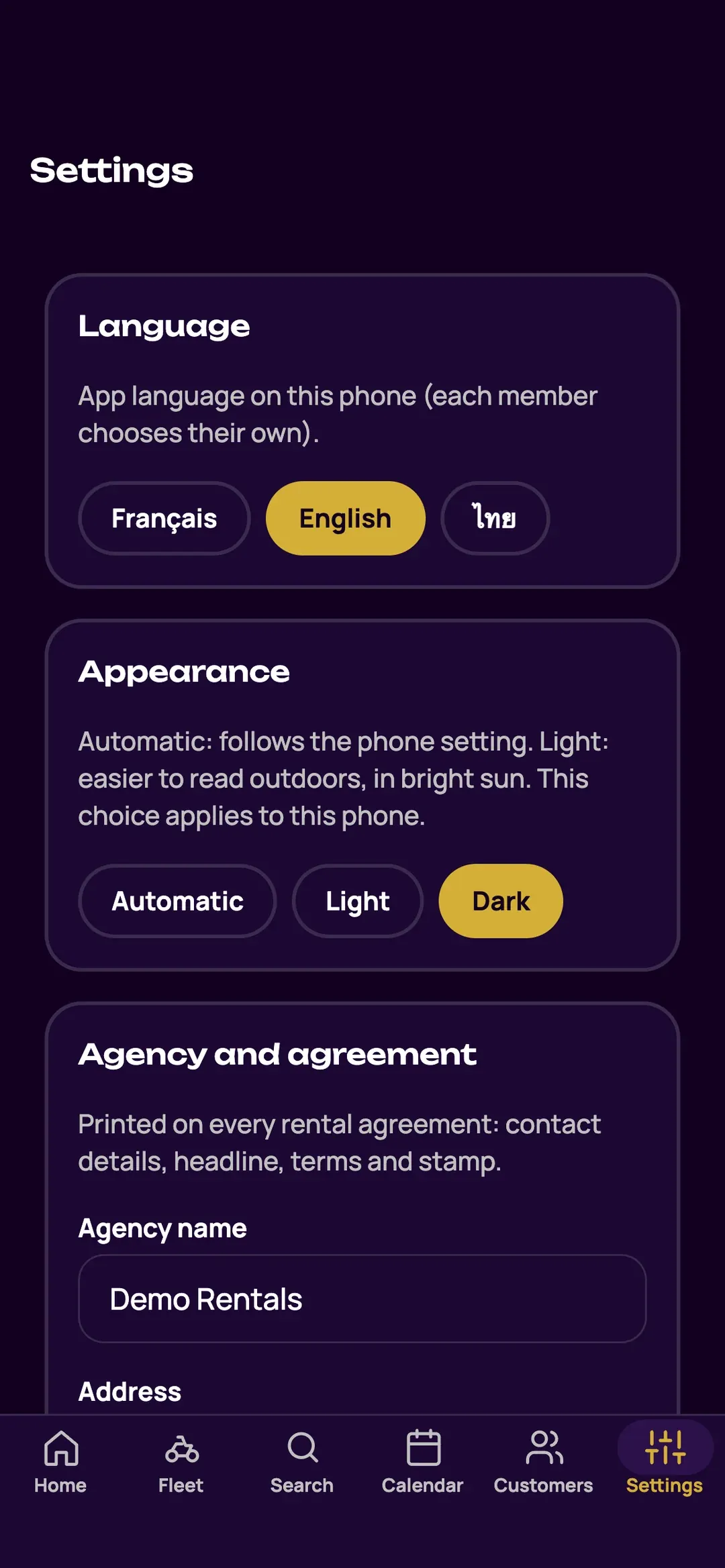 Zefleet app settings: language, appearance and layouts