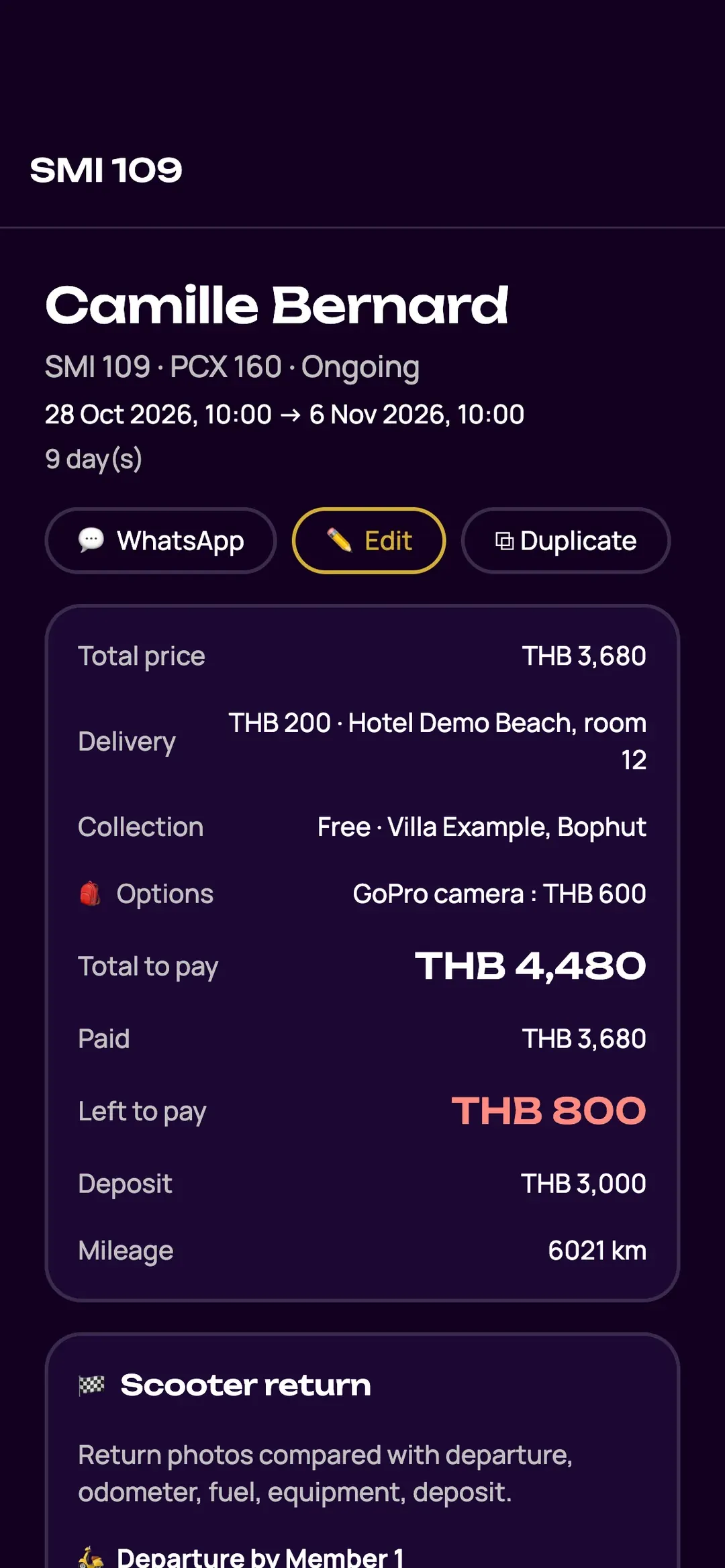 Payments, balance due and deposit of a rental in the Zefleet app