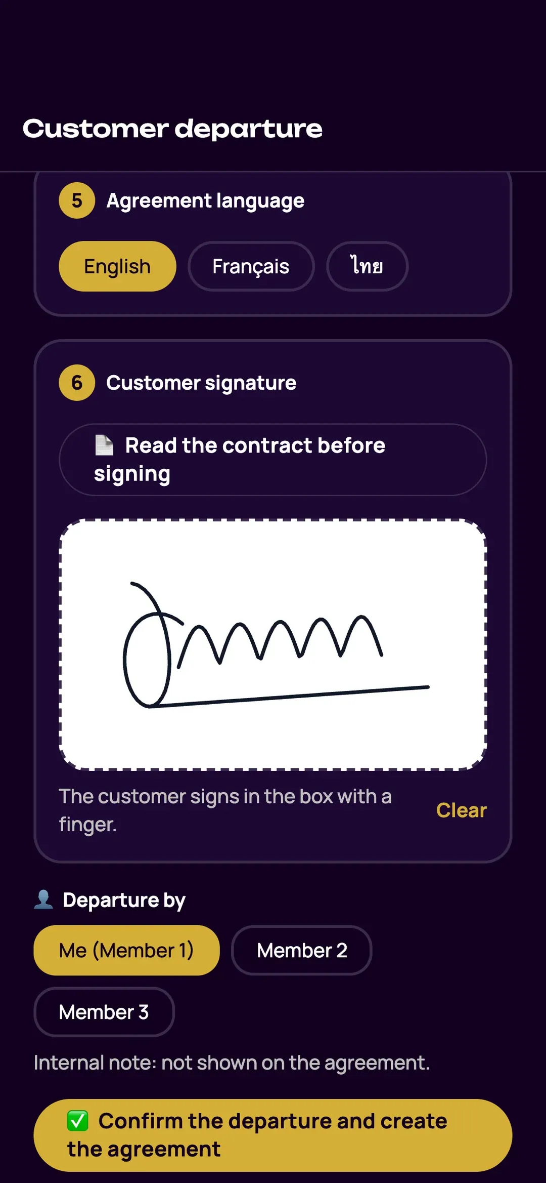 Customer signing on the phone in the Zefleet app at scooter check-out