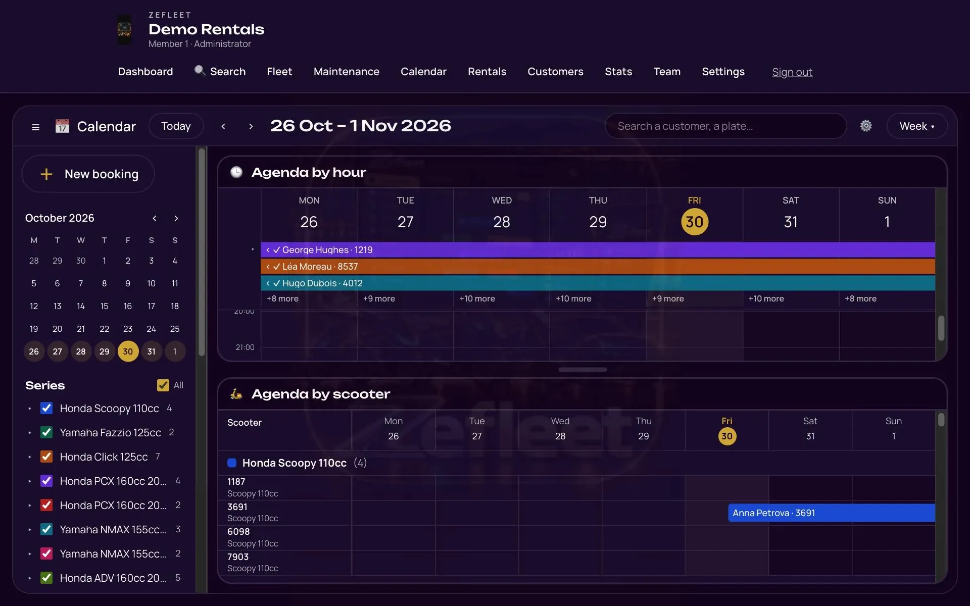 The Zefleet management website calendar on a computer, with the week’s bookings