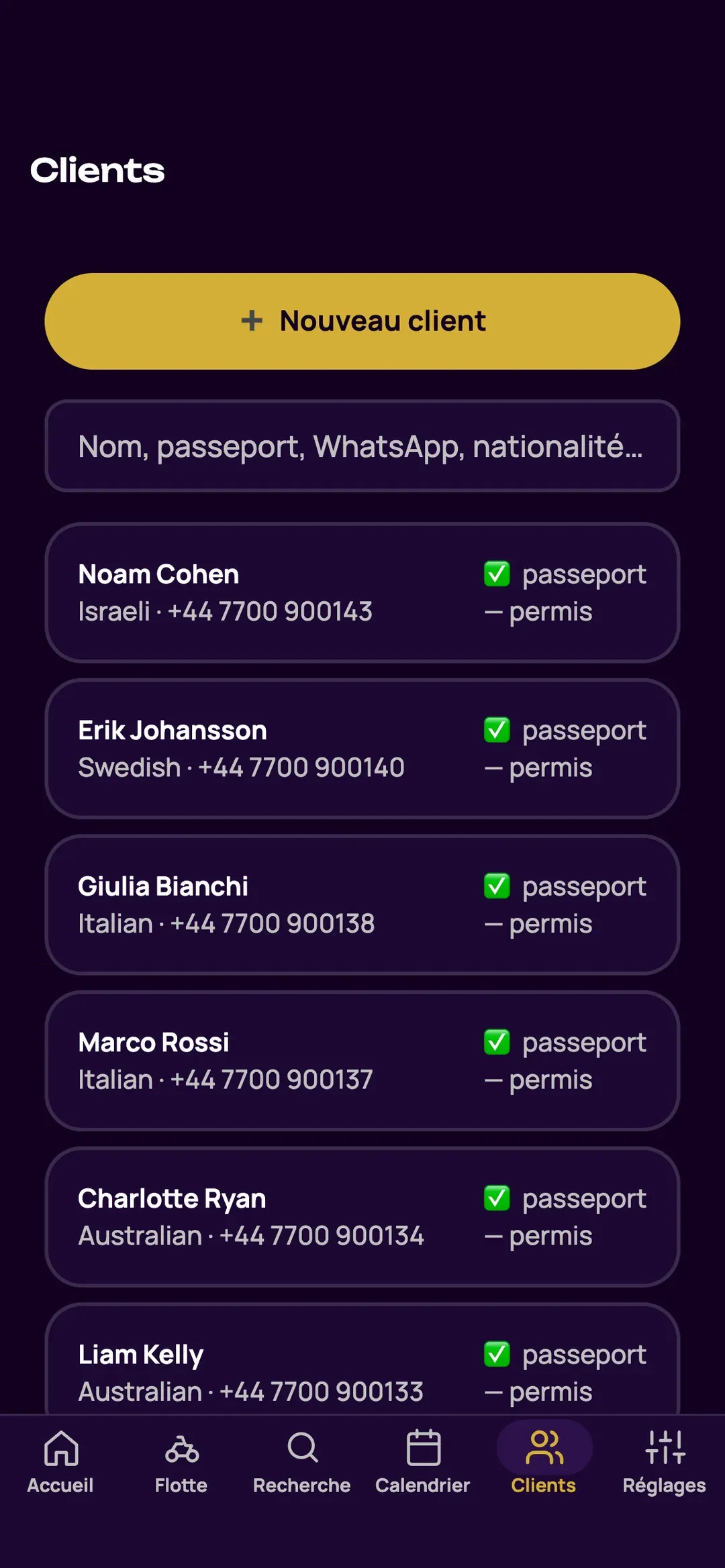 Liste des clients dans l’appli Zefleet, avec la recherche