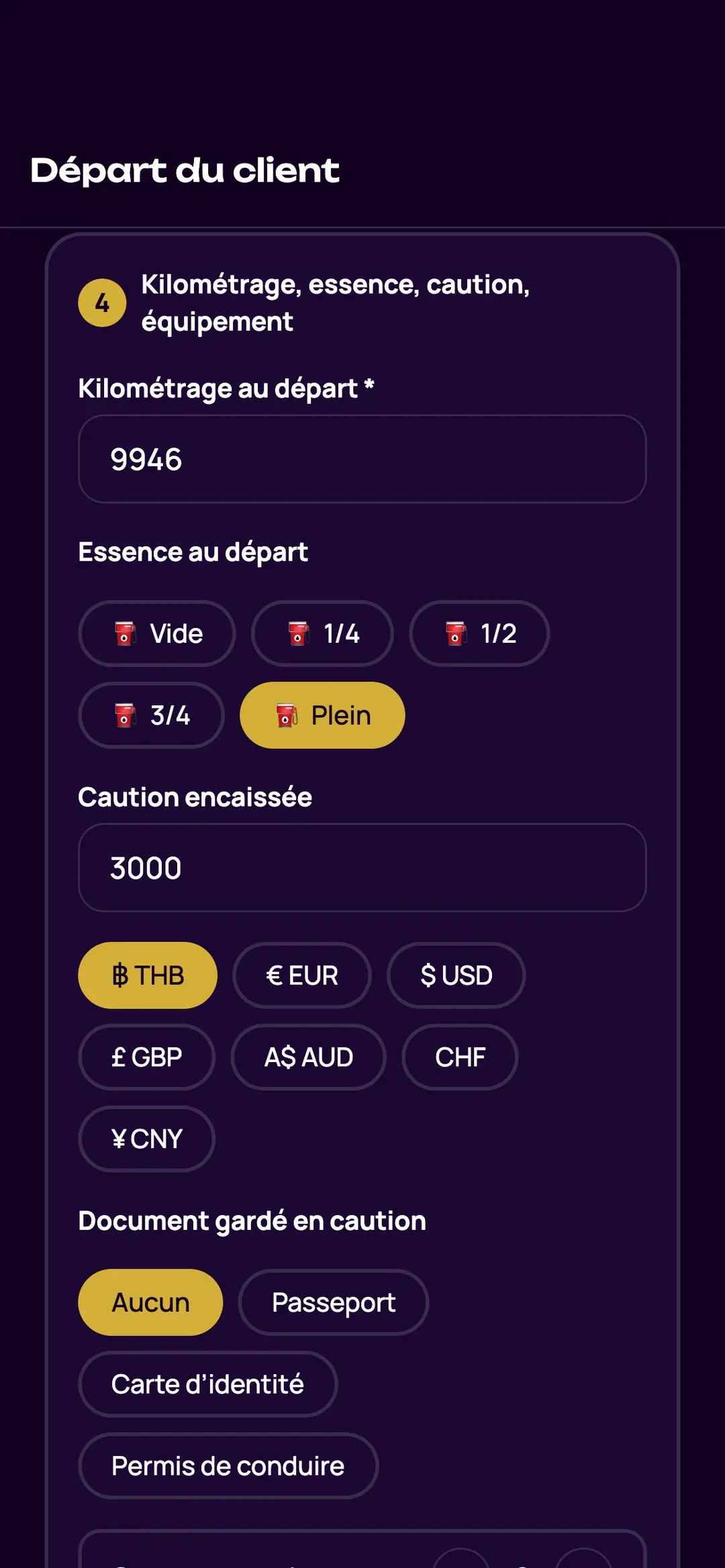 Départ d’un scooter dans l’appli Zefleet : kilométrage, essence et caution