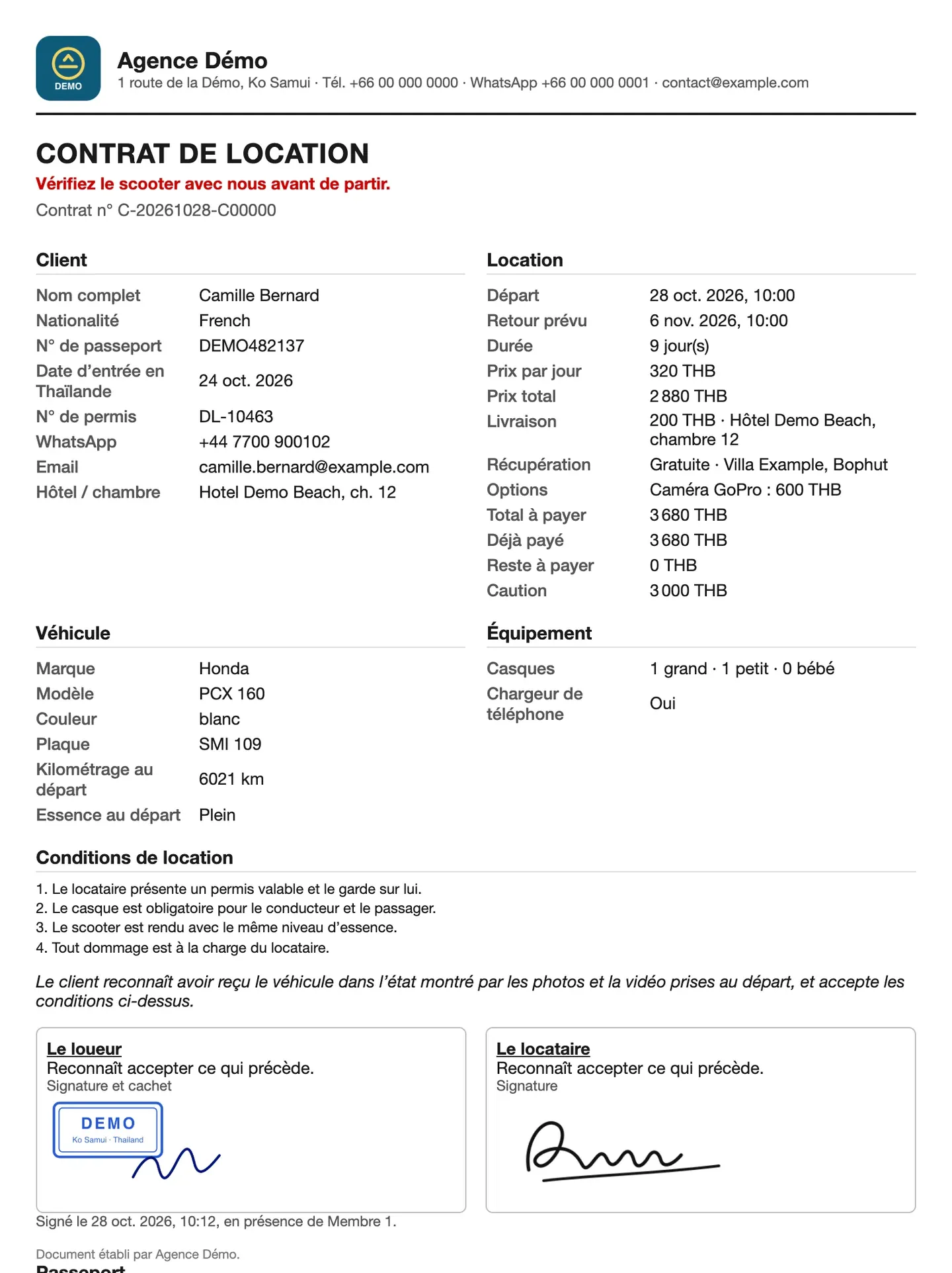 Contrat de location généré par Zefleet, avec le logo et le cachet de l’agence