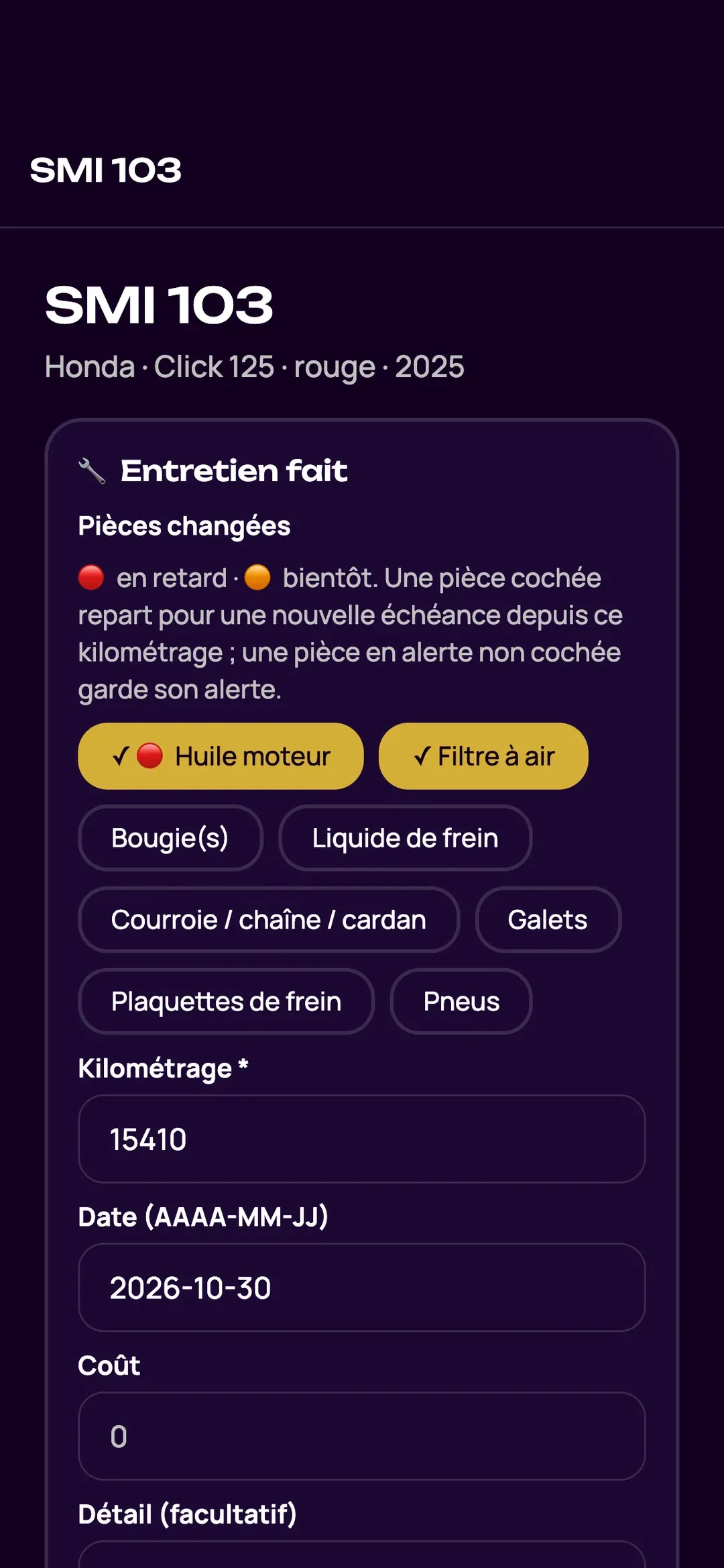 Plan d’entretien d’un scooter dans l’appli Zefleet, avec les pièces à remplacer