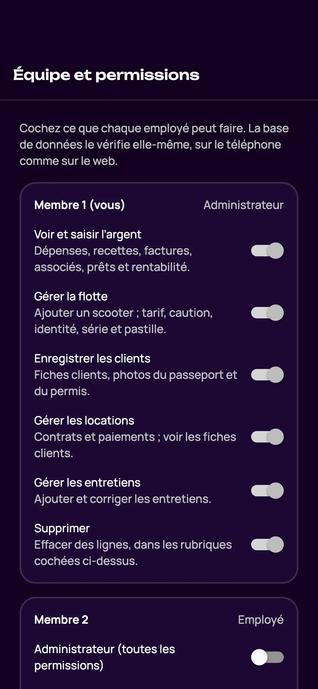 Membres de l’équipe et leurs permissions dans l’appli Zefleet