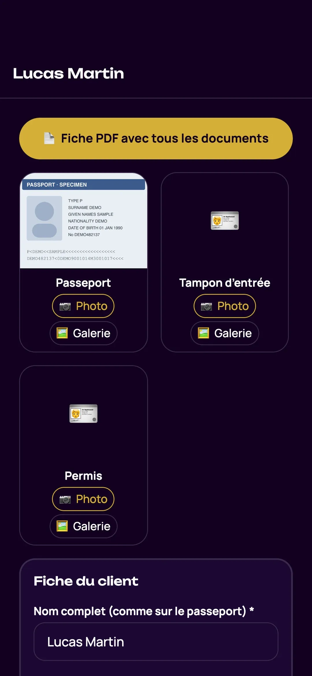 Fiche client dans l’appli Zefleet, remplie depuis la photo du passeport