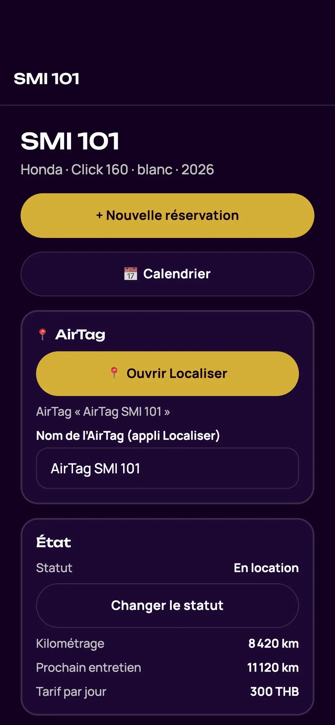 Fiche d’un scooter dans l’appli Zefleet : photo, détails, documents et entretien