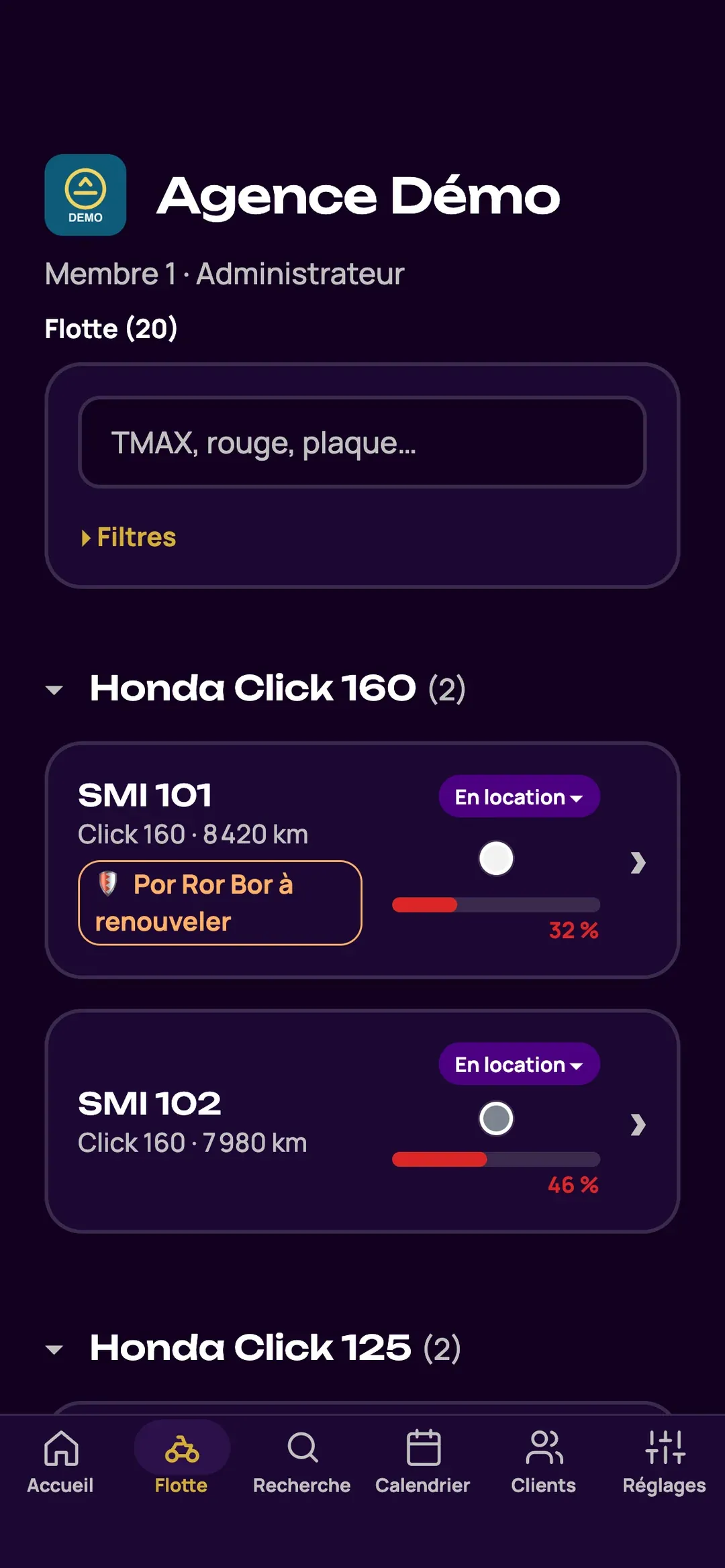 Liste de la flotte dans l’appli Zefleet, avec le statut de chaque scooter