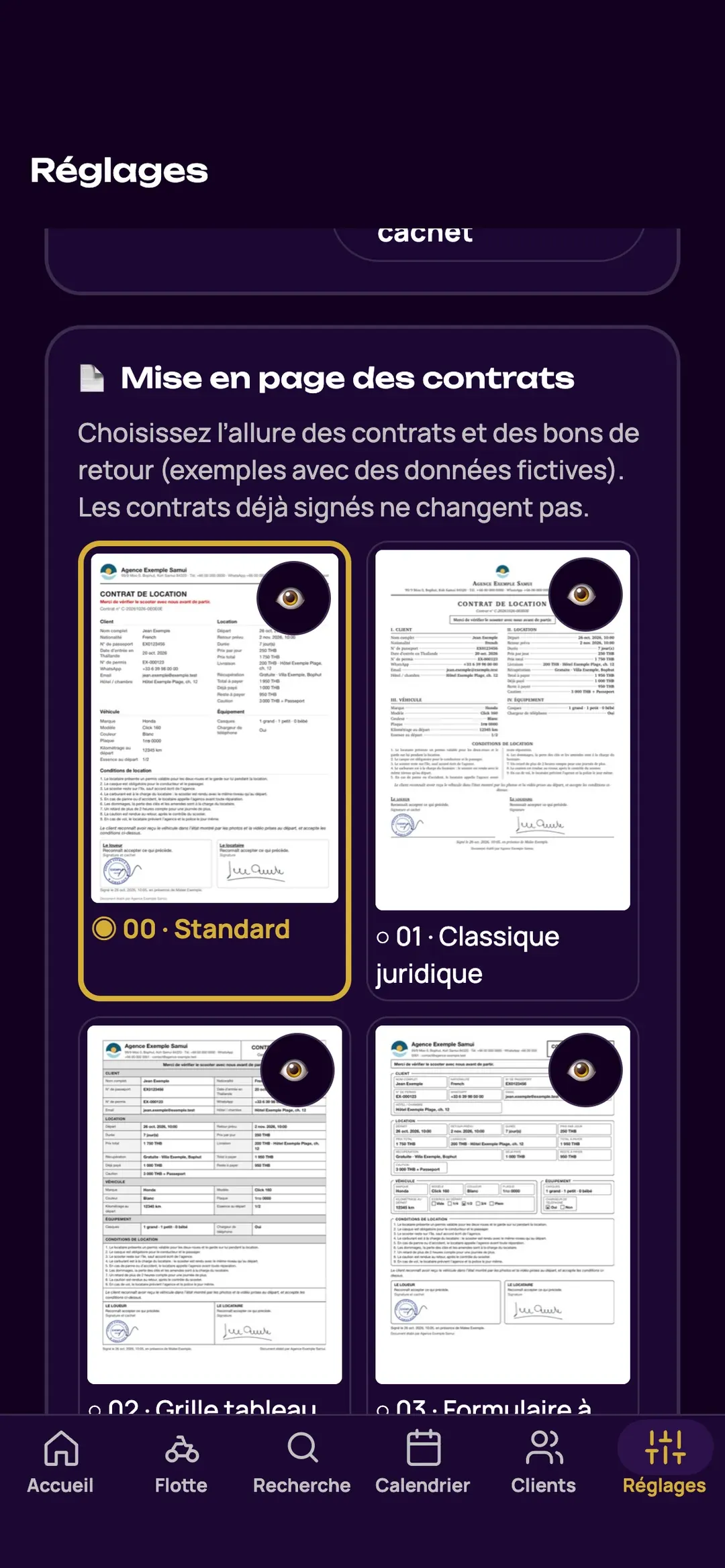 Choix de la mise en page des contrats dans l’appli Zefleet