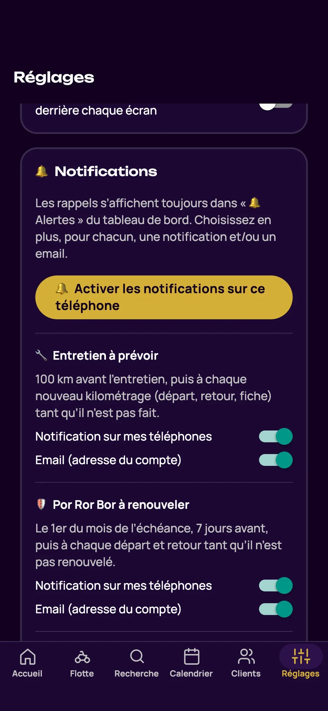 Réglages des notifications dans l’appli Zefleet