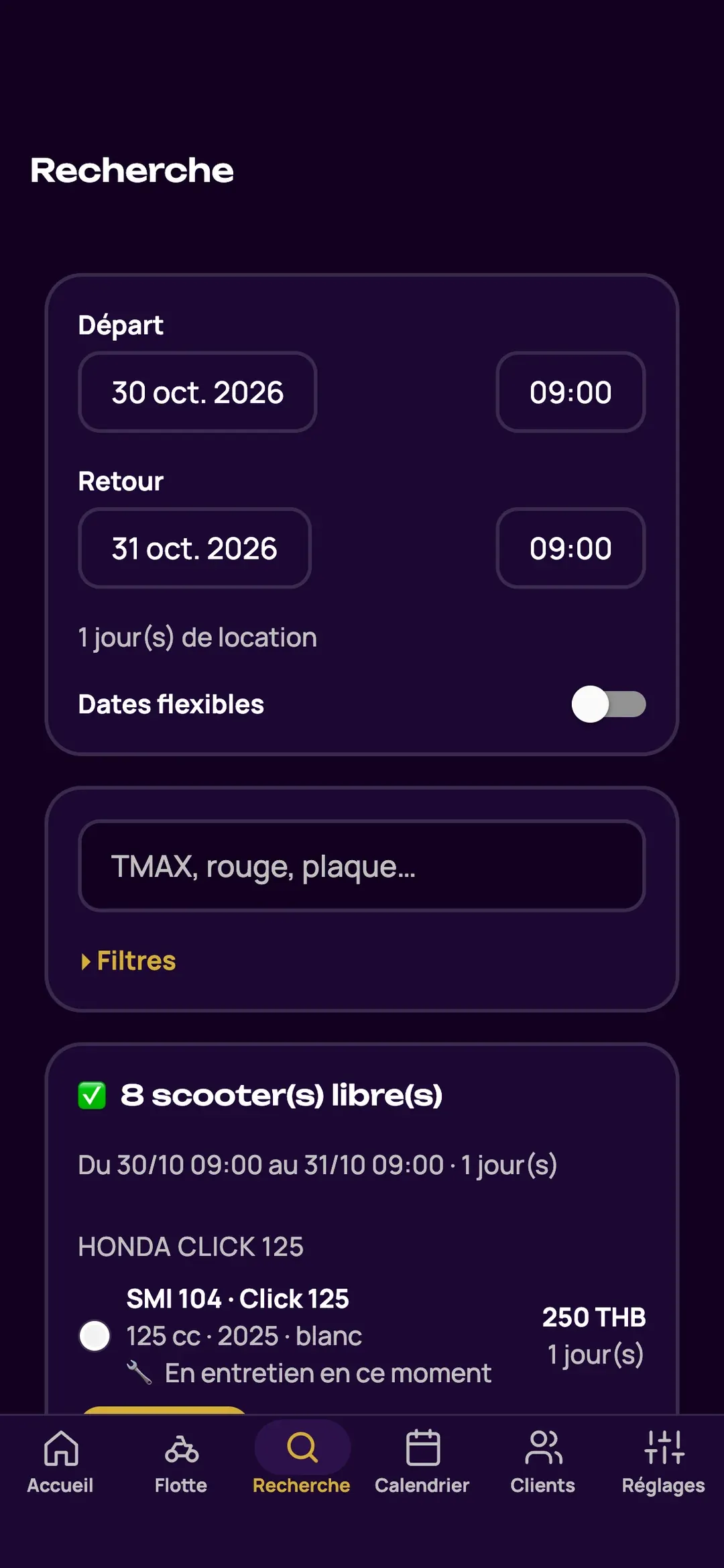 Recherche d’un scooter libre par dates dans l’appli Zefleet, avec les résultats