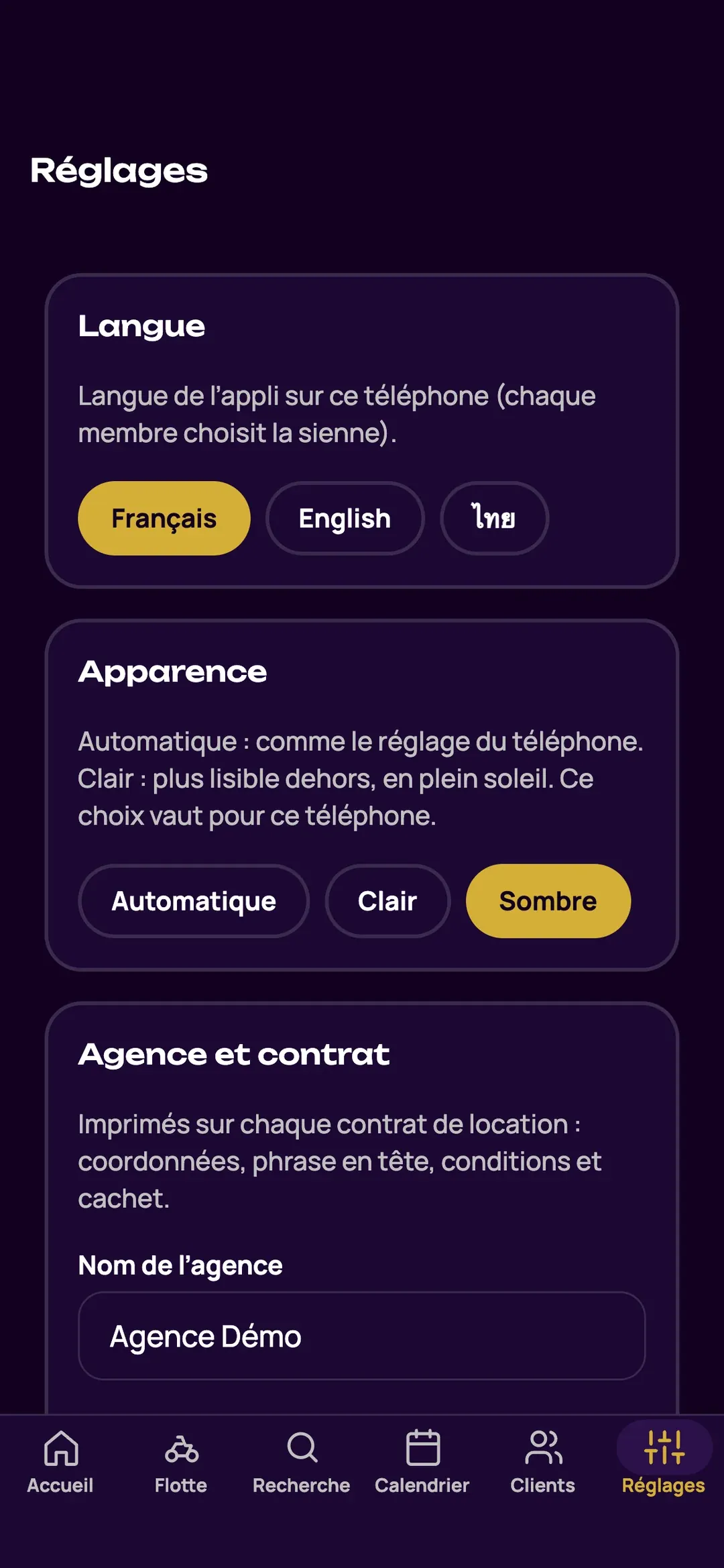Réglages de l’appli Zefleet : langue, apparence et mises en page