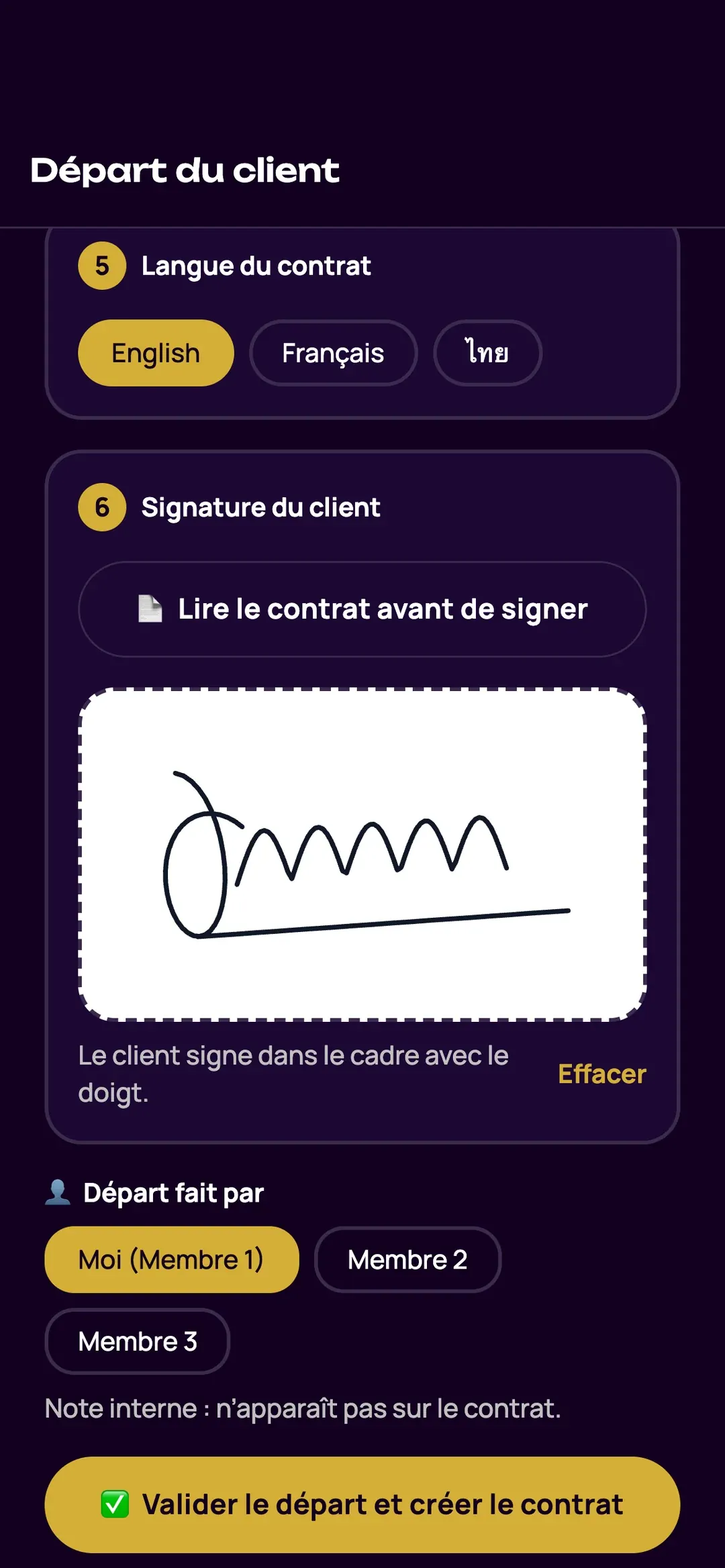 Signature du client sur le téléphone, dans l’appli Zefleet, au départ du scooter