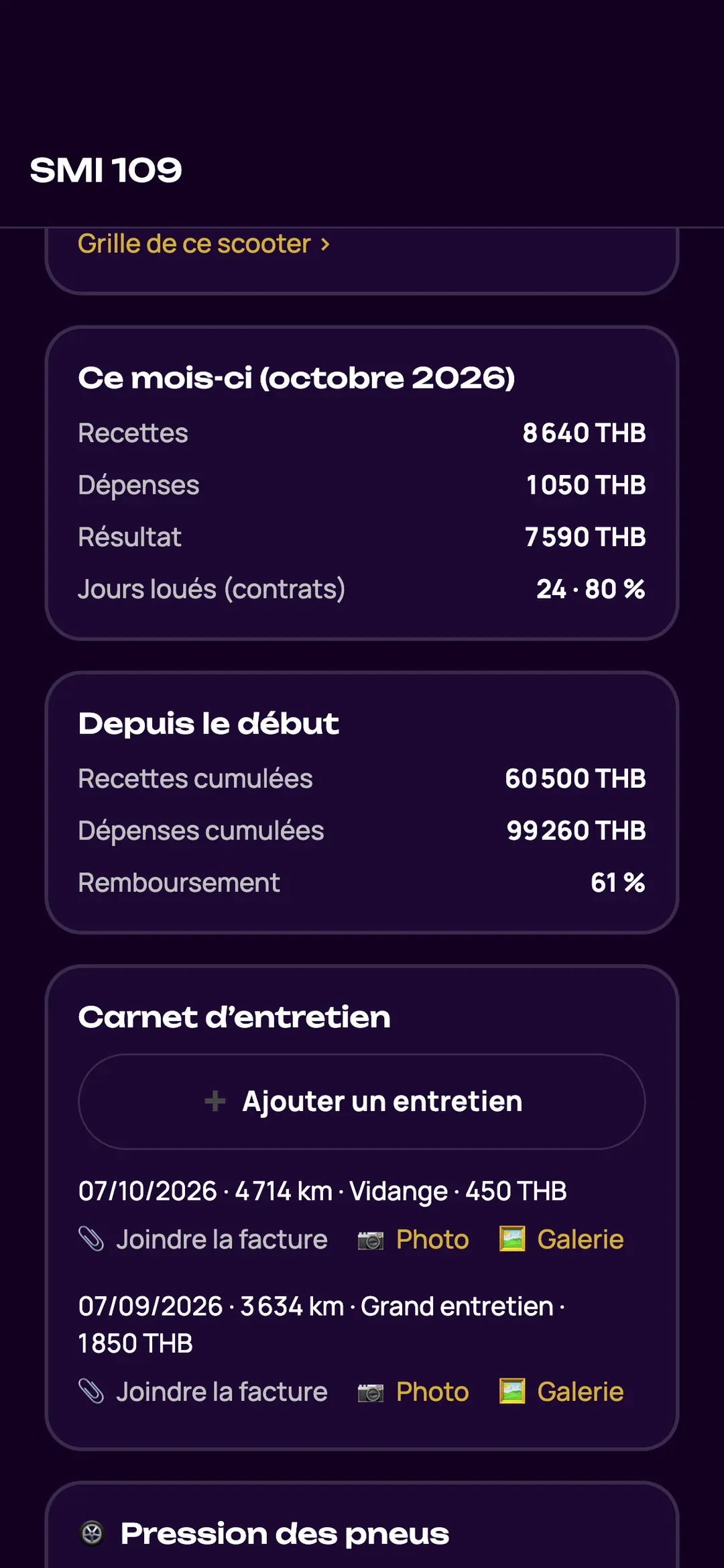 Statistiques d’argent par scooter dans l’appli Zefleet